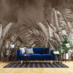 Tapet personalizat leaf cu frunze tropicale exotice in nuante inchise de maro sepia dark sepia leaves