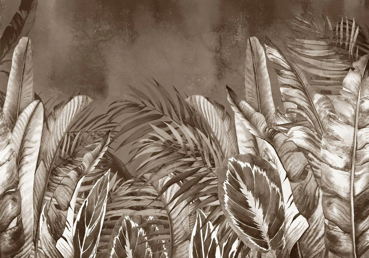 Tapet personalizat leaf cu frunze tropicale exotice in nuante inchise de maro sepia dark sepia leaves