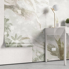 Tapet personalizat leaf cu frunze tropicale in nuante fade de verde pe un fundal deschis faded exotic