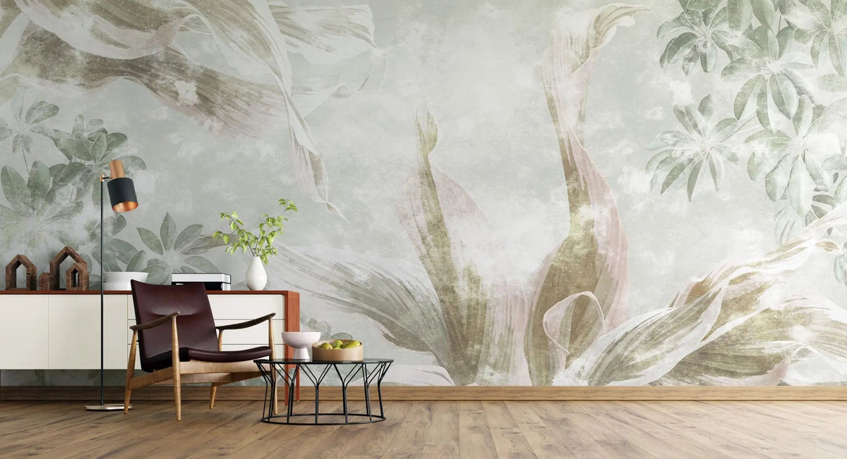 Tapet personalizat leaf cu frunze tropicale in nuante fade de verde pe un fundal deschis faded exotic