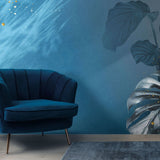 Tapet personalizat leaf cu frunze de monstera si plante tropicale in nuante de gri si albastru underwater monstera