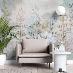 Tapet personalizat leaf cu frunze aramii si copaci intr un fundal cu plante tropicale leaf paradise