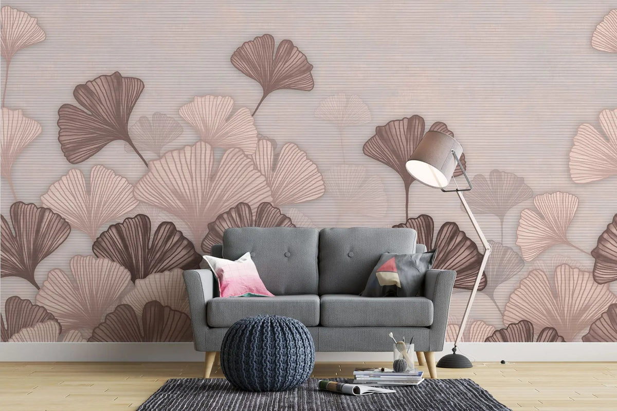 Tapet personalizat leaf cu frunze roz de ginkgo biloba si fundal texturat pink ginkgo