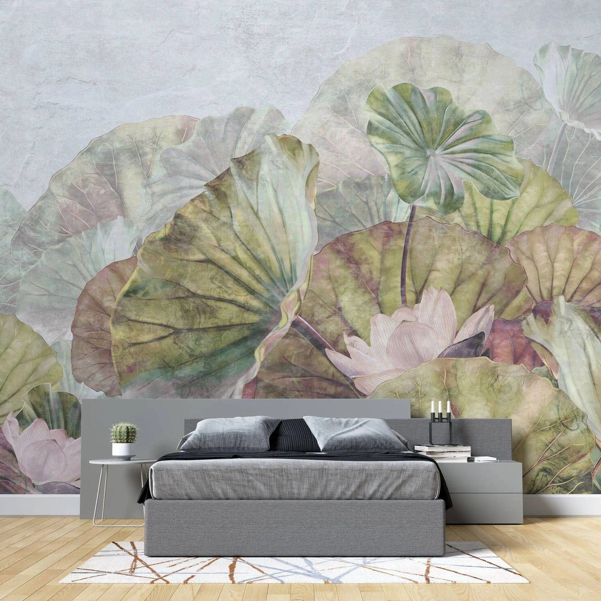 Tapet personalizat leaf cu frunze roz si flori albe de lotus  pink green lotus