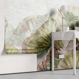 Tapet personalizat leaf cu frunze roz si flori albe de lotus  pink green lotus
