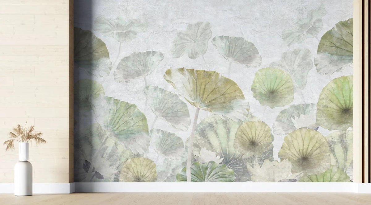 Tapet personalizat leaf cu frunze verzi si flori roz de lotus white green lotus