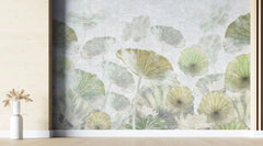 Tapet personalizat leaf cu frunze verzi si flori roz de lotus white green lotus