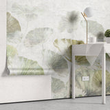 Tapet personalizat leaf cu frunze verzi si flori roz de lotus white green lotus