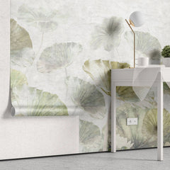 Tapet personalizat leaf cu frunze verzi si flori roz de lotus white green lotus