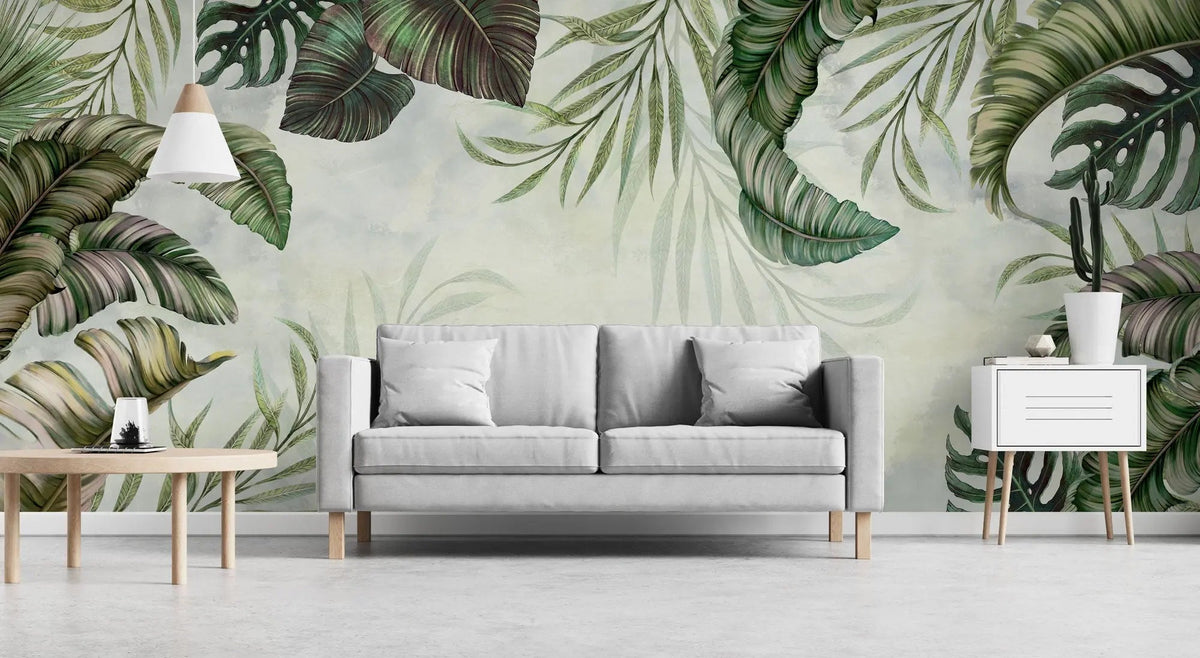 Tapet personalizat leaf cu frunze tropicale verzi in stil tropical tropical frame