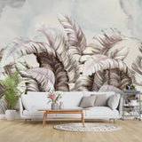 Tapet personalizat leaf cu frunze tropicale roz si albe cu fundal watercolor white tropical