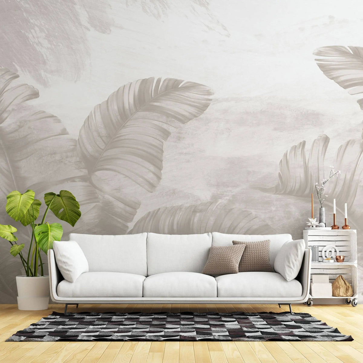 Tapet personalizat leaf cu frunze tropicale in nuante de bej faded palms