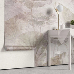 Tapet personalizat leaf cu frunze de lotus in nuante fine de roz si albastru paradise leaves