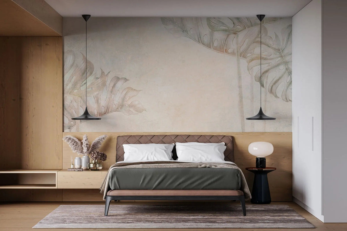Tapet personalizat leaf cu frunze de monstera in nuante calde dreamy monstera