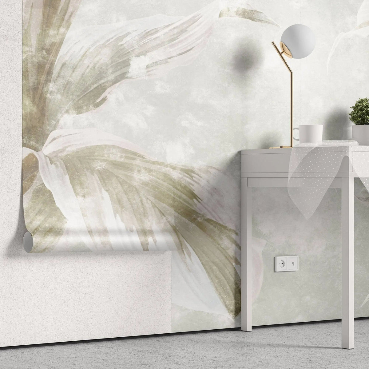 Tapet personalizat leaf cu frunze tropicale in nuante fade de verde pastel leaves