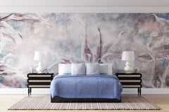 Tapet personalizat leaf cu frunze tropicale mov pe un fundal albastru texturat dracaena purple