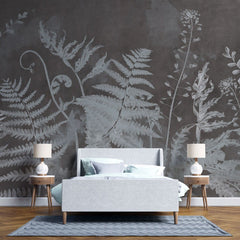 Tapet personalizat leaf cu frunze cu model de feriga in nuante de gri pe fundal intunecat aducand un plus de eleganta si mister inverse fern