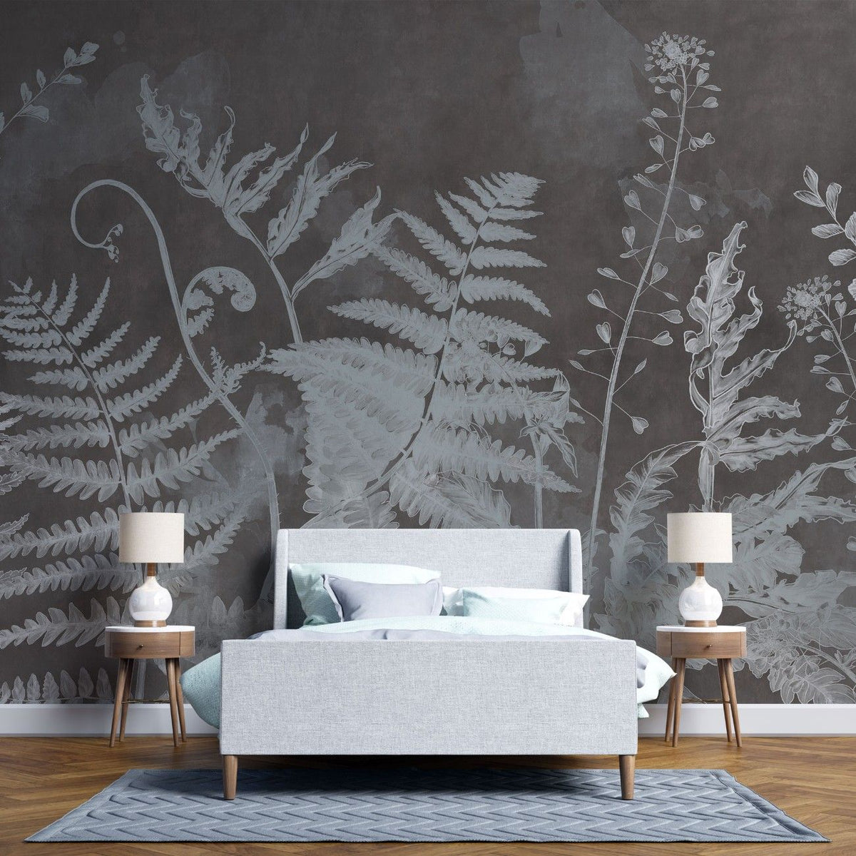 Tapet personalizat leaf cu frunze cu model de feriga in nuante de gri pe fundal intunecat aducand un plus de eleganta si mister inverse fern