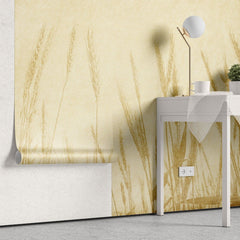 Tapet personalizat leaf cu frunze inspirat din campurile de grau cu spice aurii pe un fundal bej creand o atmosfera rustica si calda wheat