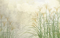 Tapet personalizat leaf cu frunze artistic cu iarba de trestie in culori naturale pe un fundal abstract cu nori inspirand liniste si natura delta