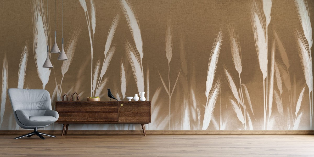 Tapet personalizat leaf cu frunze cu spice albe de grau pe un fundal maro deschis oferind un accent subtil de natura si eleganta wheat accent
