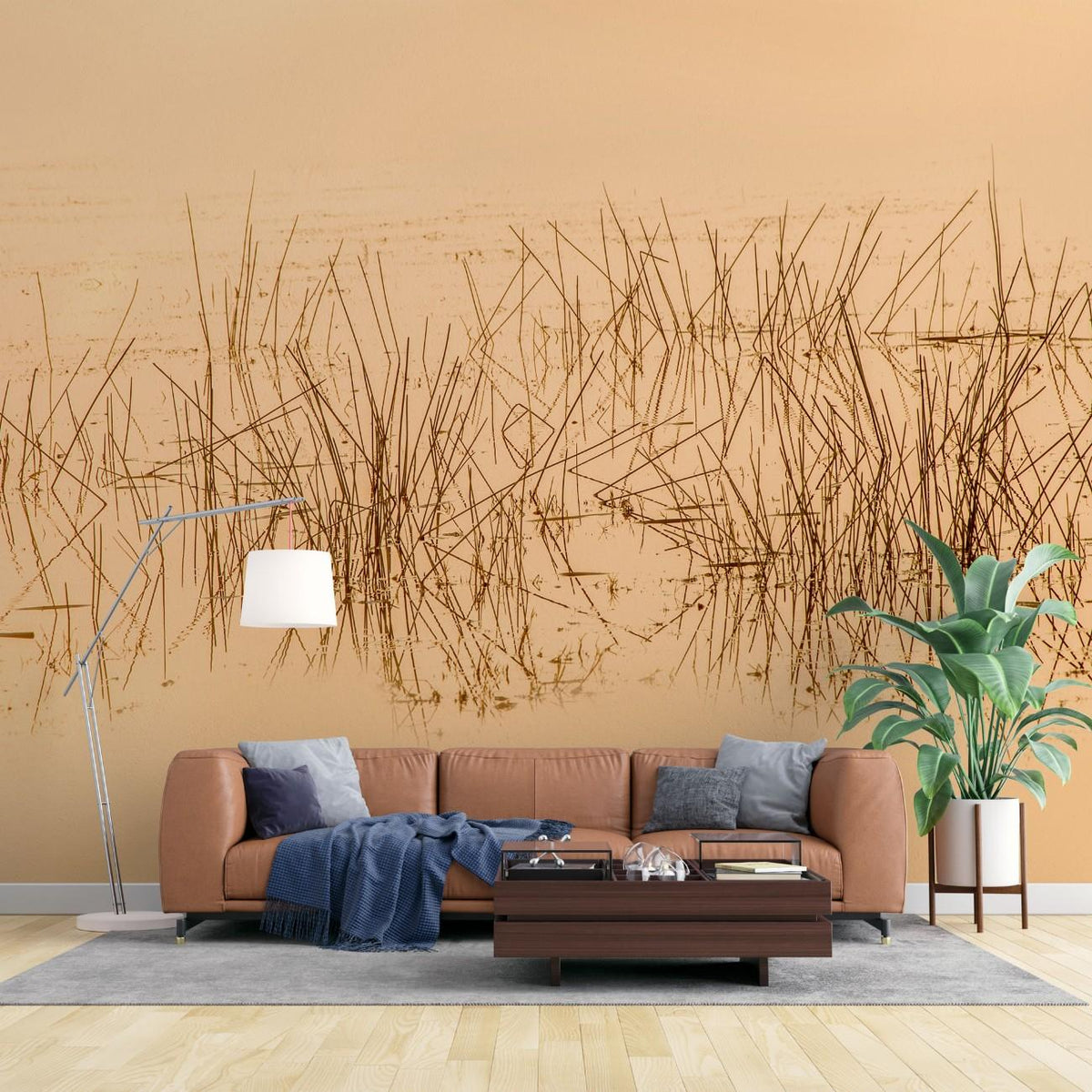Fototapet personalizat leaf cu cu iarba acvatica in reflexia apei in nuante intunecate evocand o ambianta misterioasa si relaxanta water grass dark