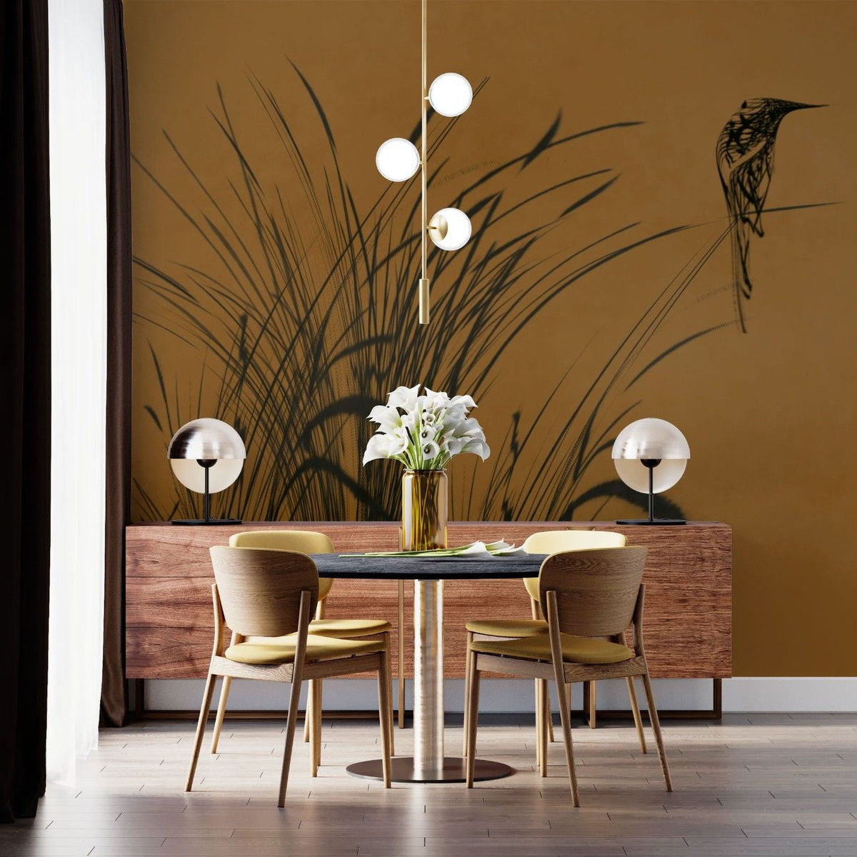 Tapet personalizat leaf cu frunze cu un design minimalist infatisand pasari stilizate printre fire de trestie pe un fundal maro inchis creand o imagine eleganta bird reed dark