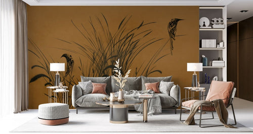 Tapet personalizat leaf cu frunze cu un design minimalist infatisand pasari stilizate printre fire de trestie pe un fundal maro inchis creand o imagine eleganta bird reed dark