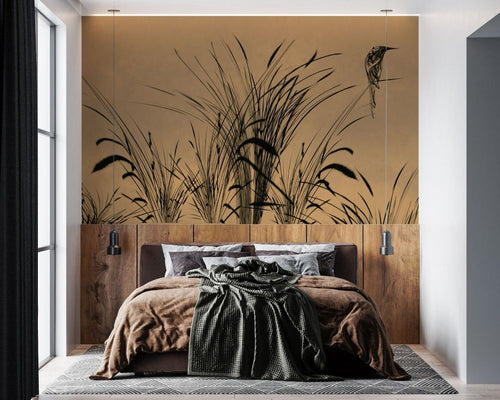 Tapet personalizat leaf cu frunze si pasari stilizate asezate pe fire de trestie pe un fundal de un bej deschis oferind o nota de serenitate si naturalete bird reed light