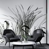 Tapet personalizat leaf cu pasari si trestie in siluete negre pe un fundal alb pur pentru un contrast modern si un aspect artistic bird reed white