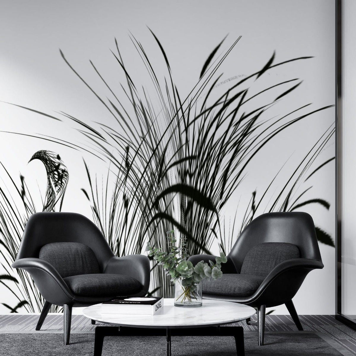 Tapet personalizat leaf cu pasari si trestie in siluete negre pe un fundal alb pur pentru un contrast modern si un aspect artistic bird reed white