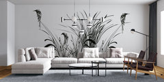 Tapet personalizat leaf cu pasari si trestie in siluete negre pe un fundal alb pur pentru un contrast modern si un aspect artistic bird reed white