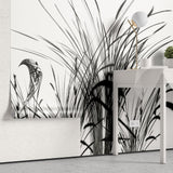 Tapet personalizat leaf cu pasari si trestie in siluete negre pe un fundal alb pur pentru un contrast modern si un aspect artistic bird reed white