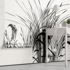 Tapet personalizat leaf cu pasari si trestie in siluete negre pe un fundal alb pur pentru un contrast modern si un aspect artistic bird reed white
