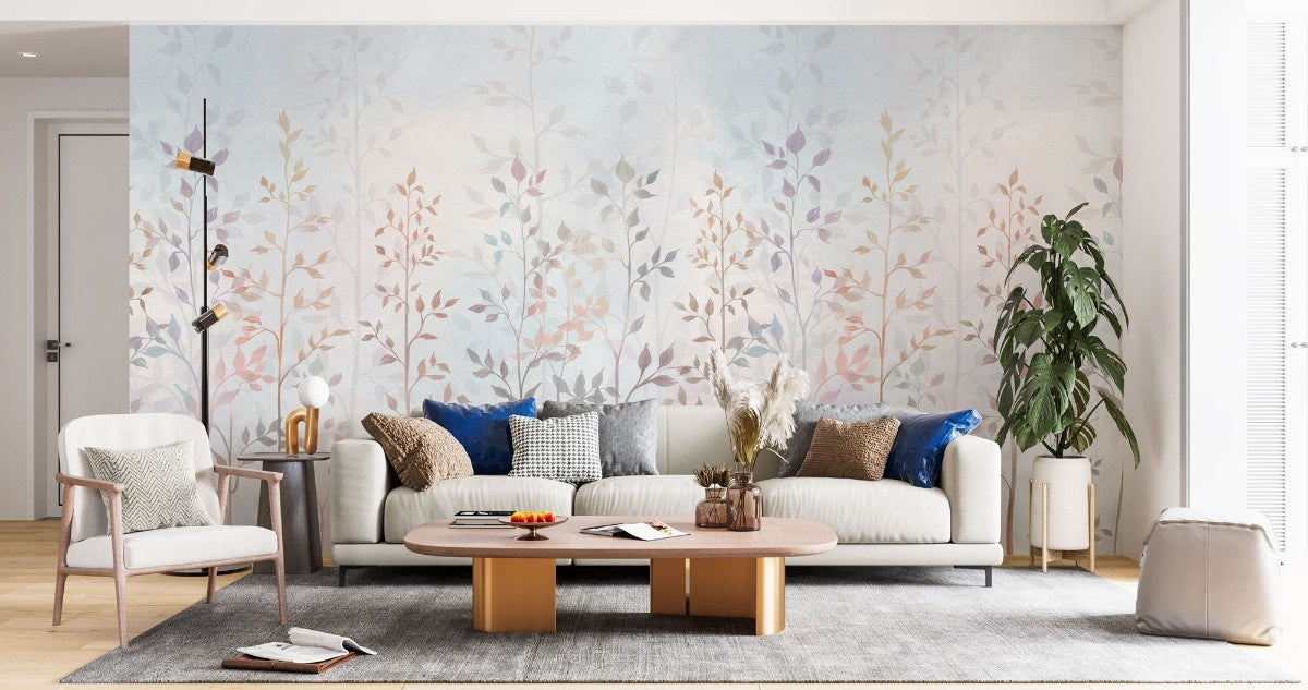 Tapet personalizat leaf cu crengute delicate si frunze in nuante pastelate pe un fundal luminos creand o atmosfera eterica si relaxanta heaven leaves