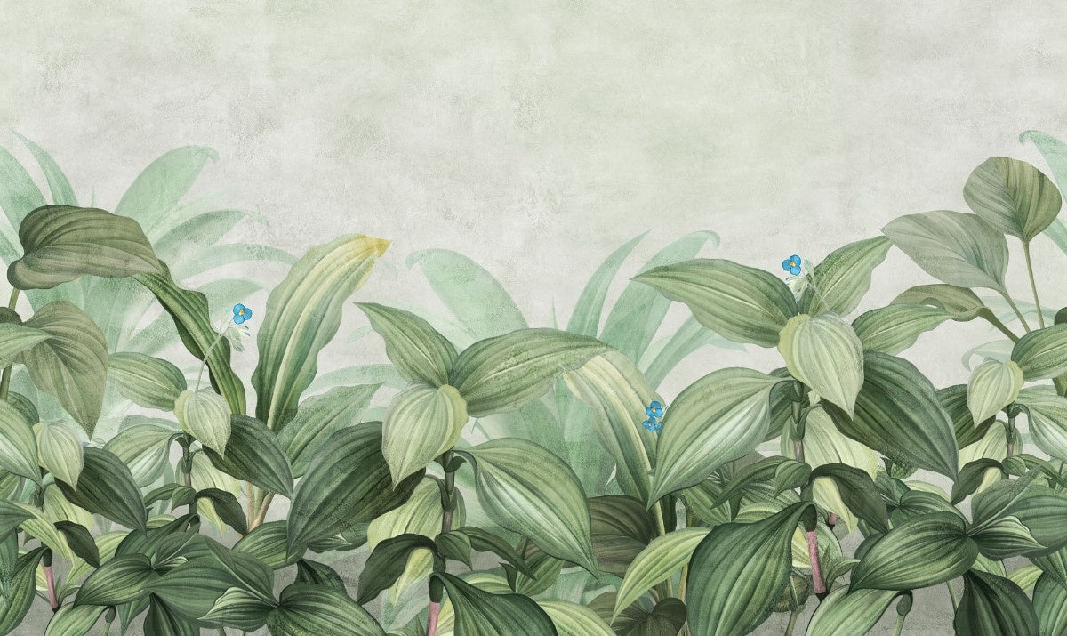 Tapet personalizat leaf cu frunze si vegetatie tropicala luxurianta frunze mari verzi si flori delicate pe un fundal deschis ideal pentru o camera luminoasa tropical wide