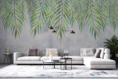 Tapet personalizat leaf cu frunze de palmier suspendate in nuante de verde pe un fundal cu aspect texturat perfect pentru un design fresh si vivid hanging palm leaves