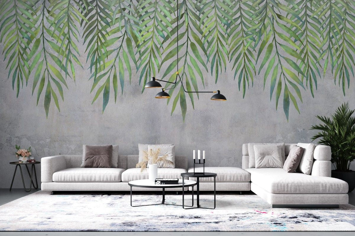 Tapet personalizat leaf cu frunze de palmier suspendate in nuante de verde pe un fundal cu aspect texturat perfect pentru un design fresh si vivid hanging palm leaves