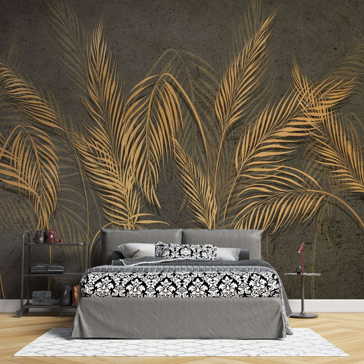 Tapet personalizat leaf cu frunze de palmier aurii stilizate pe un fundal inchis texturat aducand un plus de eleganta si o nota artistica exotica artistic palm
