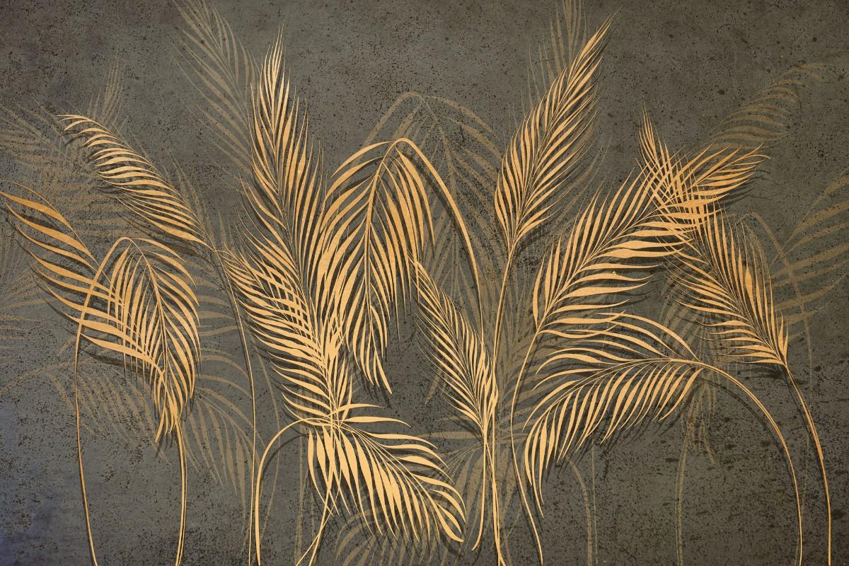 Tapet personalizat leaf cu frunze de palmier aurii stilizate pe un fundal inchis texturat aducand un plus de eleganta si o nota artistica exotica artistic palm