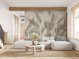 Tapet personalizat leaf cu umbre delicate de frunze de palmier in tonuri de bej si gri creand o atmosfera subtila si eleganta palm shadows