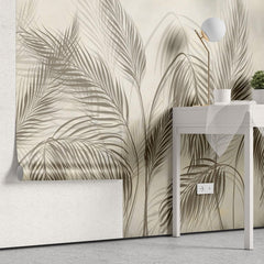 Tapet personalizat leaf cu umbre delicate de frunze de palmier in tonuri de bej si gri creand o atmosfera subtila si eleganta palm shadows