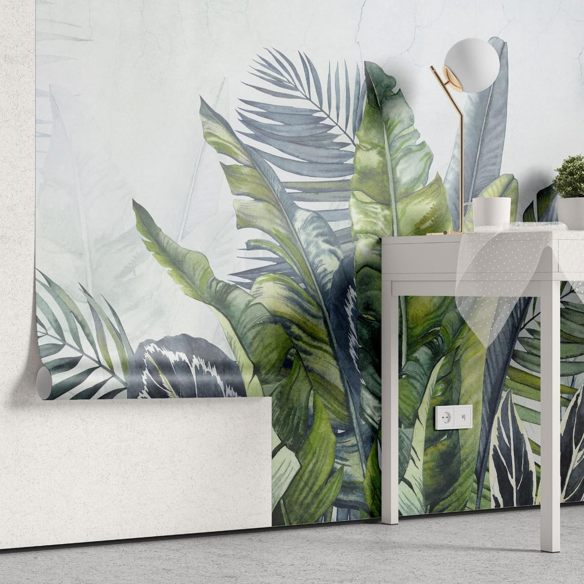 Tapet personalizat leaf cu frunze tropicale in acuarela in nuante vibrante de verde si albastru pe un fundal deschis aducand prospetime si vitalitate watercolor green leaves