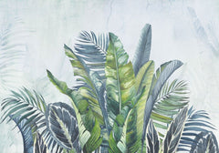 Tapet personalizat leaf cu frunze tropicale in acuarela in nuante vibrante de verde si albastru pe un fundal deschis aducand prospetime si vitalitate watercolor green leaves