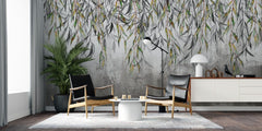 Tapet personalizat leaf cu ramuri delicate de salcie cu frunze in nuante de verde si gri pe un fundal texturat oferind un aspect natural si linistitor wilow wall
