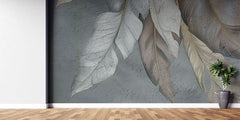 Tapet personalizat leaf cu frunze stilizate asemanatoare unor pene in nuante de bej si gri cu o textura fina pentru un decor elegant si aerisit stucco leaves