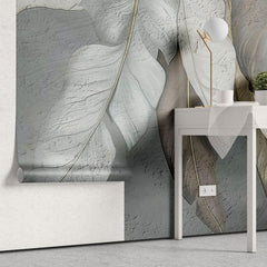 Tapet personalizat leaf cu frunze stilizate asemanatoare unor pene in nuante de bej si gri cu o textura fina pentru un decor elegant si aerisit stucco leaves