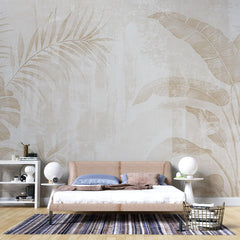 Tapet personalizat leaf cu frunze de palmier in tonuri de bej pe un fundal texturat deschis aducand o atmosfera calda si luminoasa tropical texture
