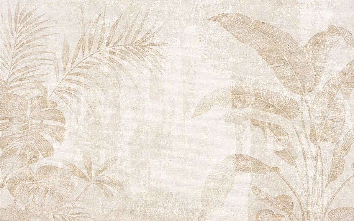 Tapet personalizat leaf cu frunze de palmier in tonuri de bej pe un fundal texturat deschis aducand o atmosfera calda si luminoasa tropical texture
