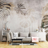 Tapet personalizat leaf cu frunze de monstera in nuante de gri si maro cu un efect de curgere artistica pe un fundal texturat pentru un design modern monstera flows